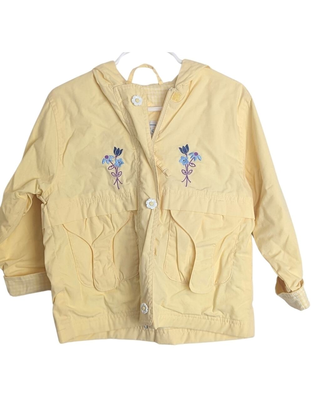 Vintage Hooded Jacket with Floral Embroidery & Buttons Checkered Lined Girls 4T
